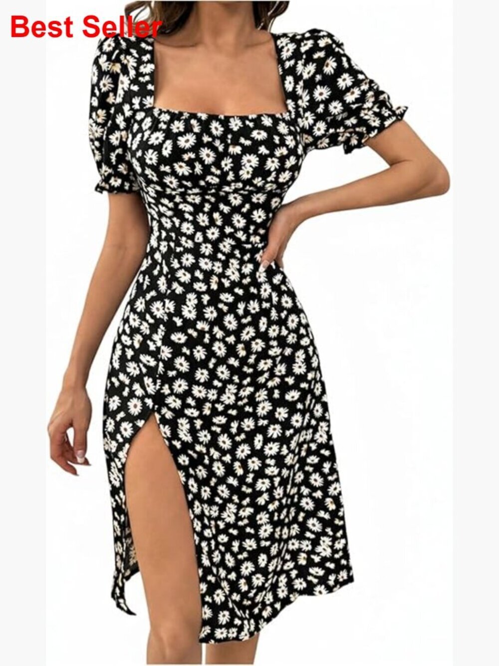 Puff Sleeve Floral Print Short Dress Thigh Slit Boho Fit & Flare